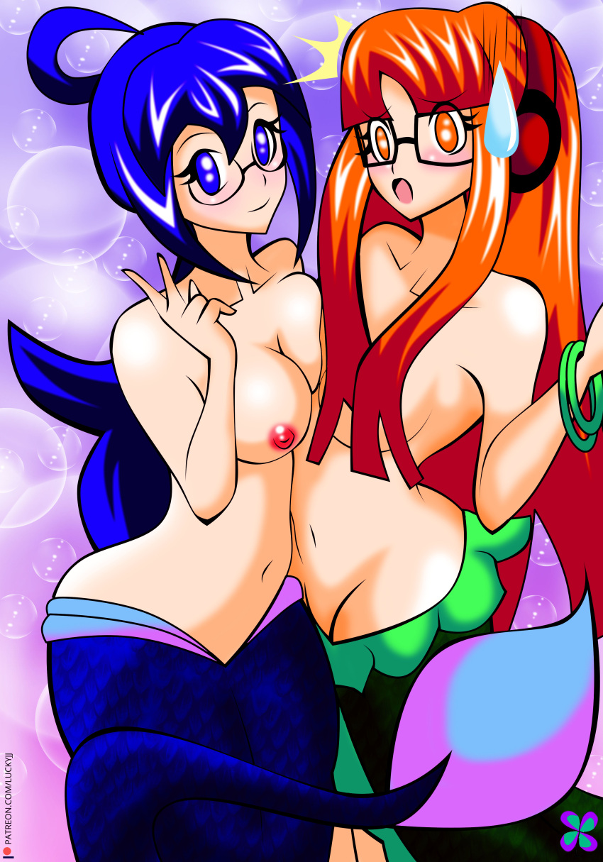 2girls blue_hair blush eyelashes female_only glasses long_hair lucky-jj mermaid mermaid_tail multiple_girls open_mouth orange_hair original_character persona persona_5 sakura_futaba smile topless