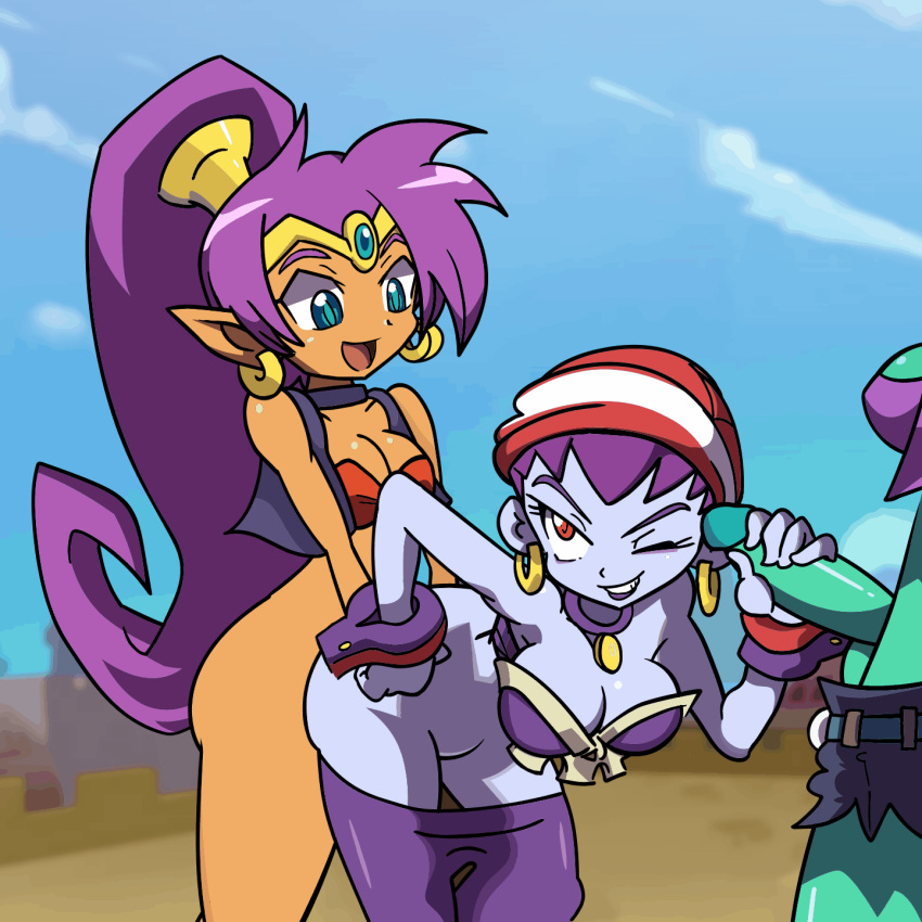 1girls 2futas animated bent_over breasts clothed clothing dark-skinned_futanari dickgirl female futa/futa/female futa_on_female futanari gif handjob humanoid humanoid_penis intersex mostly_nude peachypop34 penis risky_boots rottytops sex shantae shantae_(character) smooth_skin standing threesome