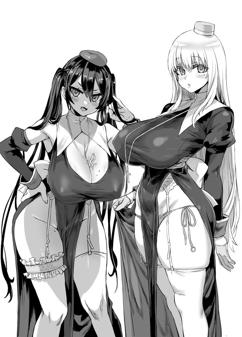 2girls angry asanagi big_breasts blush cleavage curvy huge_breasts light_hair long_hair looking_at_viewer mole_on_thigh monochrome nipple_bulge nun original pale-skinned_female pale_skin panties priest priestess religious_clothing thick_thighs thigh_strap thighhighs twintails uncolored