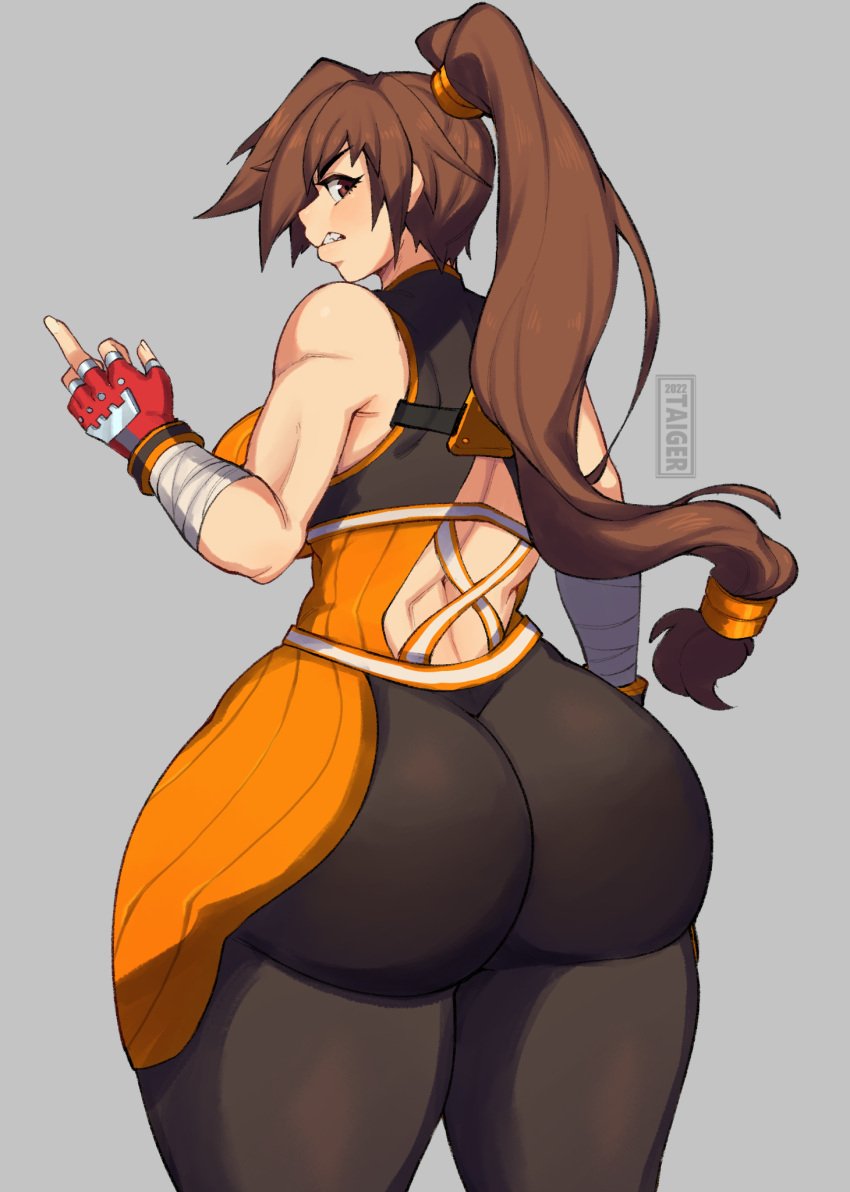 1girls ass back_view big_ass big_butt big_hips brown_eyes brown_hair bubble_ass bubble_butt butt caked_up curvy dat_ass dnf_duel dungeon_and_fighter dungeon_fighter_online fat_ass female female_only huge_ass large_ass looking_back middle_finger png ponytail solo solo_female striker_(dungeon_and_fighter) taigerarts thick thick_ass thick_hips thick_thighs voluptuous wide_hips