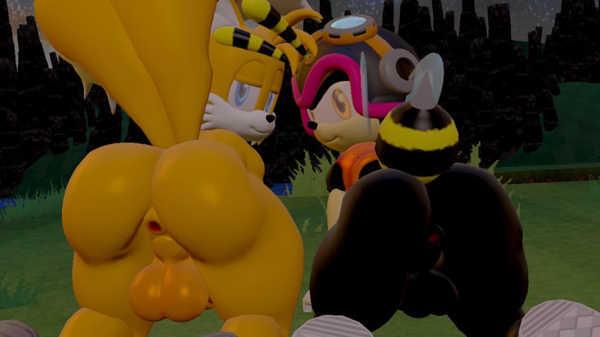 2boys 3d 3d_(artwork) anthro anus arthropod ass balls bee big_ass big_butt canid canine charmy_bee digital_media_(artwork) duo femboy fox genitals hi_res huge_ass huge_butt hymenopteran insects kabalmystic male male_only mammal presenting sega skulltronprime969 sonic_(series) source_filmmaker tails_the_fox thick_thighs