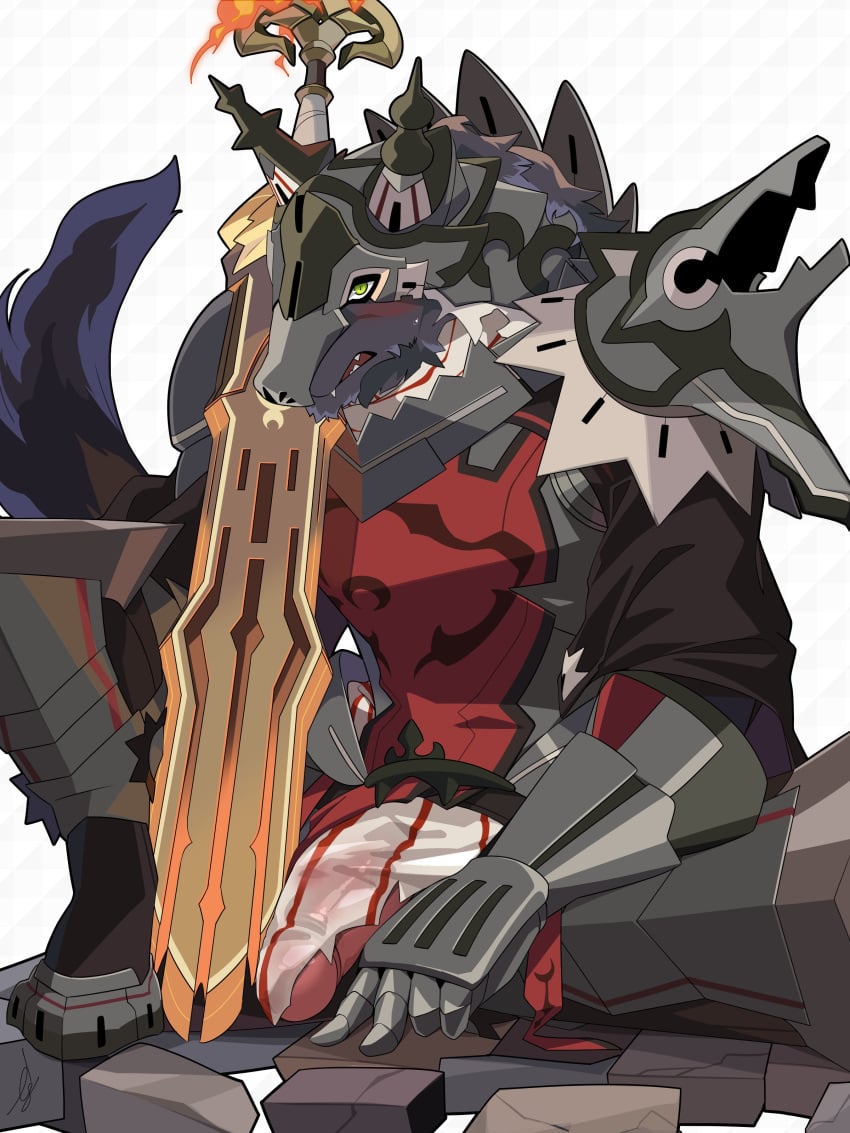 1boy absurdres anthro anthro_only armor bara big_penis blush broad_shoulders bulge cloak cygames daddy dilf erection fur_clothing furry furry_male gauntlets hard_on helmet highres holding holding_weapon huge_cock humanoid_genitalia humanoid_hands humanoid_penis ig1119 leg_up looking_at_viewer male_focus muscular muscular_male pants pauldrons penis penis_peek planted planted_sword rolf_(world_flipper) see-through shoulder_armor smooth_penis solo sword thick_penis torn_clothes torn_pants weapon wolf wolf_boy wolf_ears wolf_humanoid wolf_man wolf_tail world_flipper zaddy