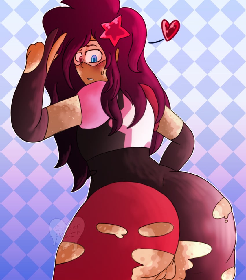 ass balls big_ass blush cosplay dark_skin femboy garnet_(steven_universe)_(cosplay) glitter_peach(artist) heart heterochromia horny huge_ass human looking_at_viewer looking_back male male_only oc original_character peace_sign red_hair ripped_clothing shiny_clothes shiny_skin star sweat sweatdrop vitiligo wardrobe_malfunction