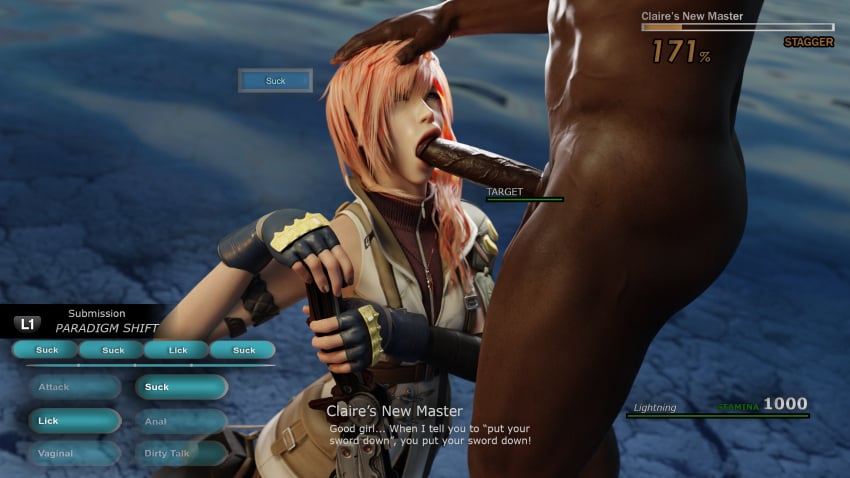 1boy 1girls 3d blender blowjob clothed_female_nude_male dark-skinned_male dark_skin eclair_farron english_text female female_focus final_fantasy final_fantasy_xiii grabbing_head hand_on_head holding_head holding_sword hud in-game interracial japanese long_hair looking_at_partner looking_up male on_knees penis pink_hair river sazh_katzroy submissive surrendering sword text tscd_rendering unseen_male_face water