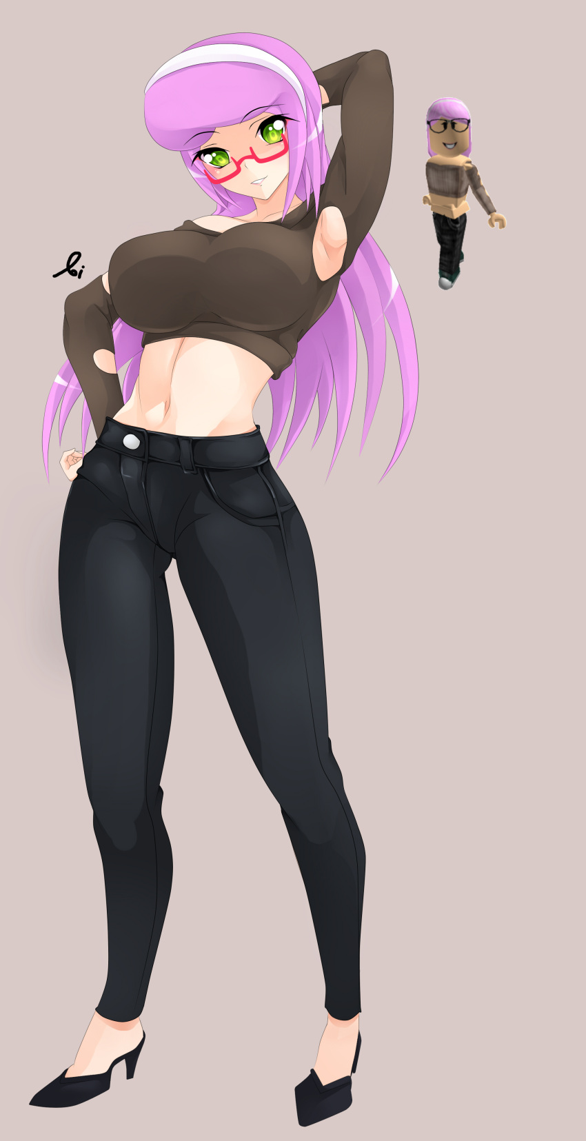 1girls ao1sweet aoitamon armpit_cutout armpits belly belly_button crop_top eyebrows_visible_through_hair glasses green_eyes hairband high_heels highres jeans pink_hair roblox roblox_avatar robloxian tagme