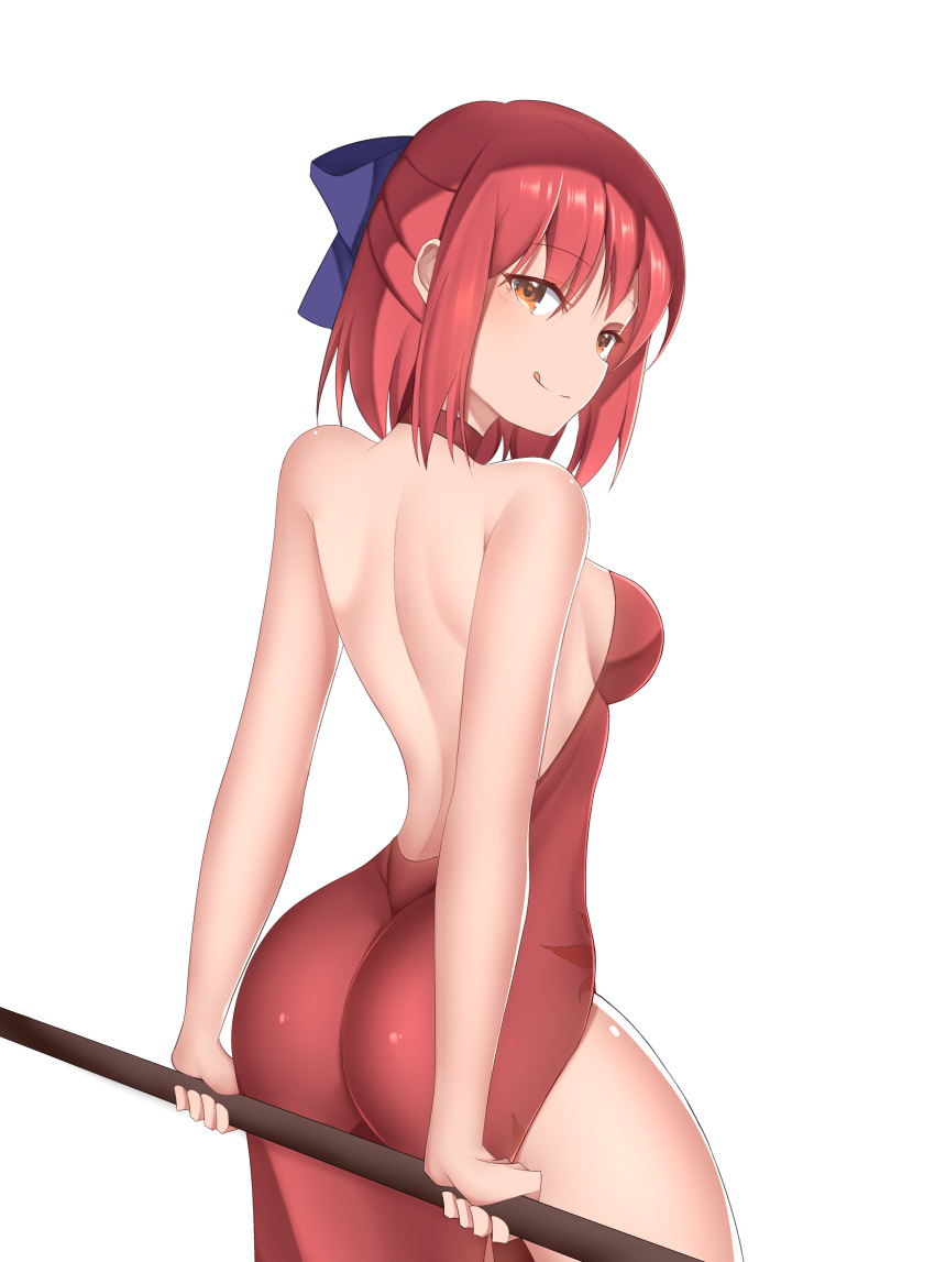 big_ass bubble_butt female female_only hair_between_eyes halterneck kohaku kohaku_(tsukihime) licking_lips looking_at_viewer looking_back pink_hair red_dress short_hair side_slit smile solo tsukihime type-moon yellow_eyes zero0ex