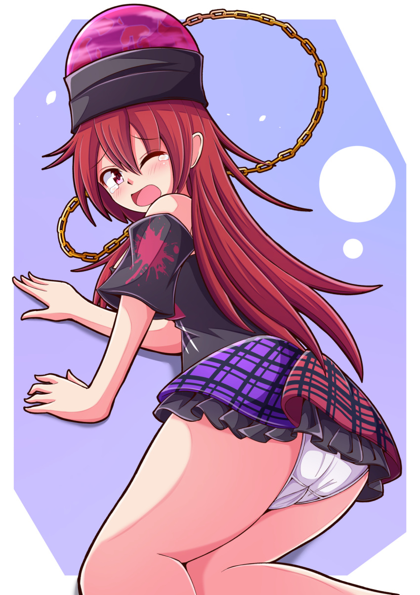 aospanking blush embarrassed hecatia_lapislazuli long_hair looking_at_viewer looking_back one_eye_closed panties red_eyes red_hair skirt tagme tears thighs touhou upskirt white_panties