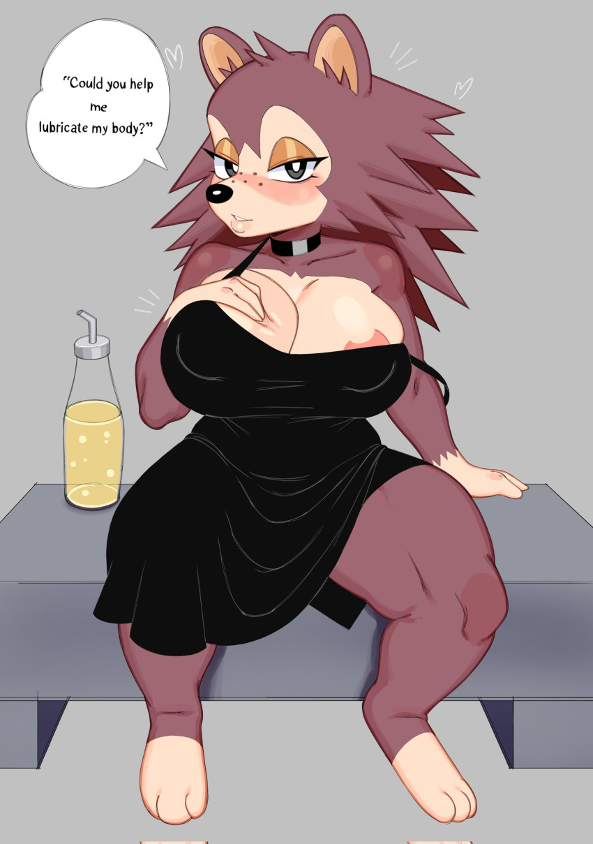 2022 alternate_breast_size animal_crossing anthro anthro_only areola_slip areolae asking black_choker black_dress black_nose blush brown_fur choker dress drink english_text female female_only furry furry_only grey_background hedgehog nintendo sable_able simple_background sitting solo solo_female speech_bubble strap_slip text thick_thighs xabelha