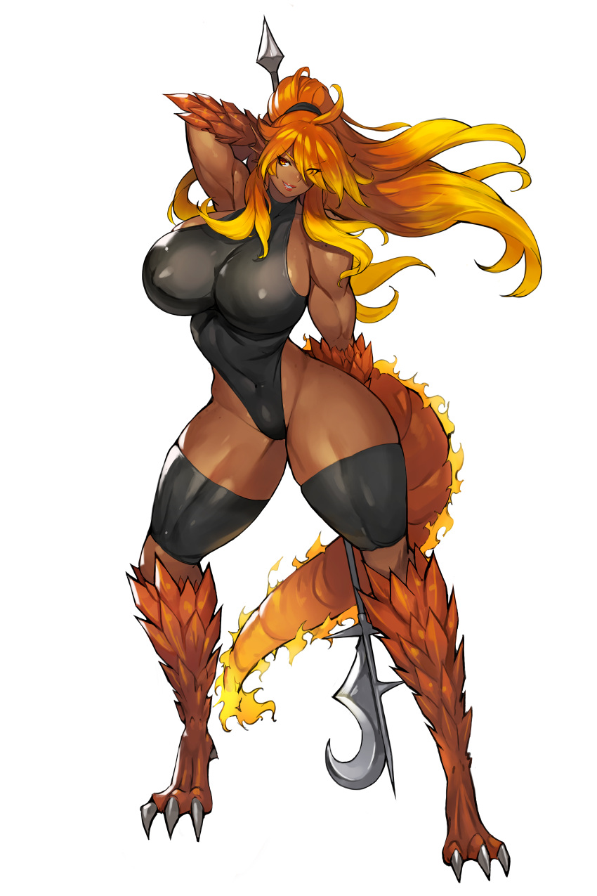 1girls amber_eyes armpits ass billhook breasts claws dark-skinned_female dark_skin dragon_girl eyebrows_visible_through_hair eyelashes fat_ass female female_focus female_only fire flaming_hair flaming_tail front_view grin gurimjang hair_over_one_eye highleg highleg_leotard holding_polearm holding_weapon large_breasts leotard lipstick long_hair looking_at_viewer muscular muscular_female navel navel_line nipple_bulge nipples orange_hair plump polearm ponytail sideboob skin_tight smile tail tan_body tan_skin teeth thick_thighs thigh_band thighs thin_waist toned toned_female two_tone_hair weapon wide_hips