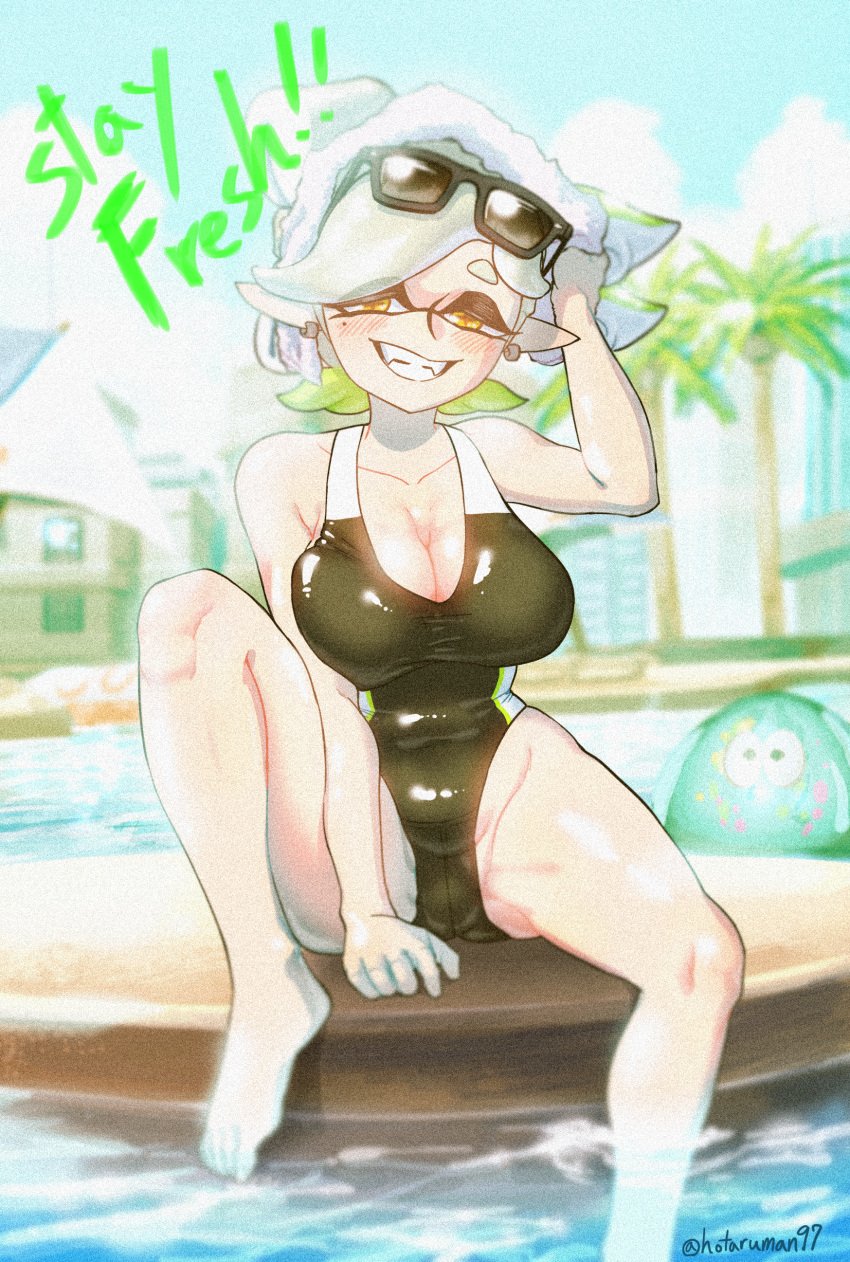 blush breasts cleavage ear_piercing earrings grin highres hotaruman97 inkling large_breasts large_filesize looking_at_viewer marie_(splatoon) one-piece_swimsuit one_leg_up piercing pointy_ears pool poolside sharp_teeth short_hair sitting splatoon squid_sisters sunglasses sunglasses_on_head swimsuit tagme tentacle_hair thighs white_hair yellow_eyes