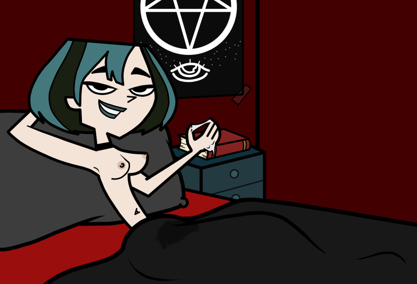 1girls 2022 accurate_art_style after_ejaculation after_masturbation armpits bare_arms bare_breasts bare_shoulders bed bedroom bedside_table belly_button black_bed black_eyes book breasts cartoony choker closed_mouth collar detailed_background dyed_hair female goth goth_girl gothic gwen_(tdi) in_bed indoors innie_belly_button j_d_ lipstick lying_down lying_in_bed medium_breasts naked naked_female navel nipples no_bra no_panties nude nude_female pale-skinned_female pale_skin pentagram pillow poster pussy_juice pussy_juice_on_fingers pussy_juice_on_hand pussy_juice_stain red_wall satisfied satisfied_look short_hair smile smiling solo solo_female solo_focus source_request stained_sheets teal_hair teal_lips teenager teeth total_drama_island young