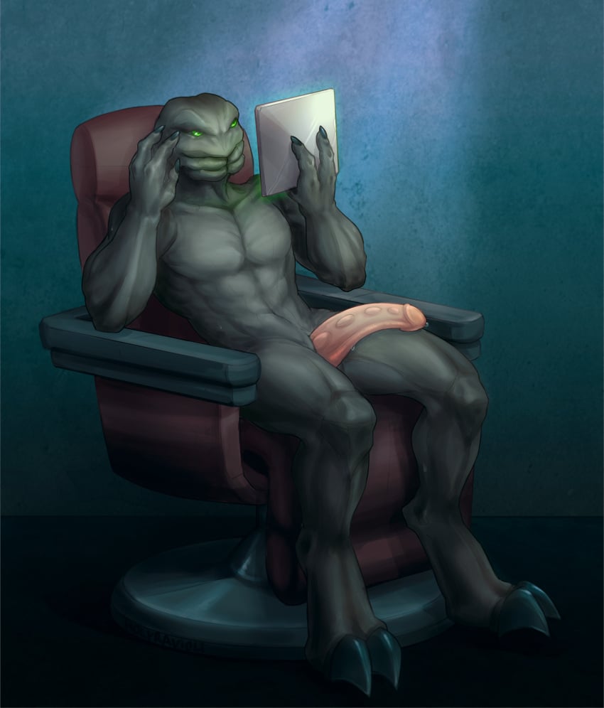 2d absurd_res alien anthro casual casual_nudity chair electronics furniture genitals green_eyes halo_(series) hi_res holyravioli long_penis male male_only male_sangheili_(halo) microsoft penis penis_resting_on_thigh reading rusa_'vrahem sangheili slit solo solo_male tablet video_games xbox_game_studios