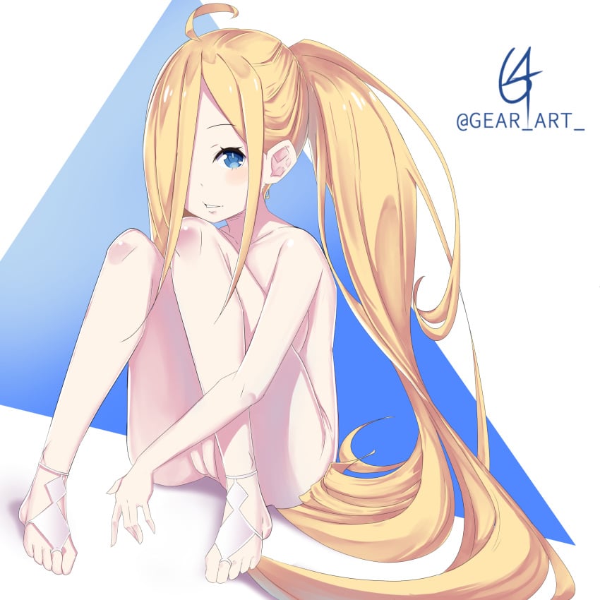 1girls artist_name blonde_hair blue_eyes blush breasts cleft_of_venus completely_nude completely_nude_female cute earrings feet full_body gear_art hair_over_one_eye hairless_pussy highres jewelry knees_on_chest knees_to_chest labia legs_together light_blush long_hair looking_at_viewer louis_arneb_(re:zero) nude nude_female official_style pale_skin plump_labia ponytail pussy re:zero_kara_hajimeru_isekai_seikatsu sharp_teeth sitting small_breasts solo solo_female teeth thighs vagina very_long_hair white_background young