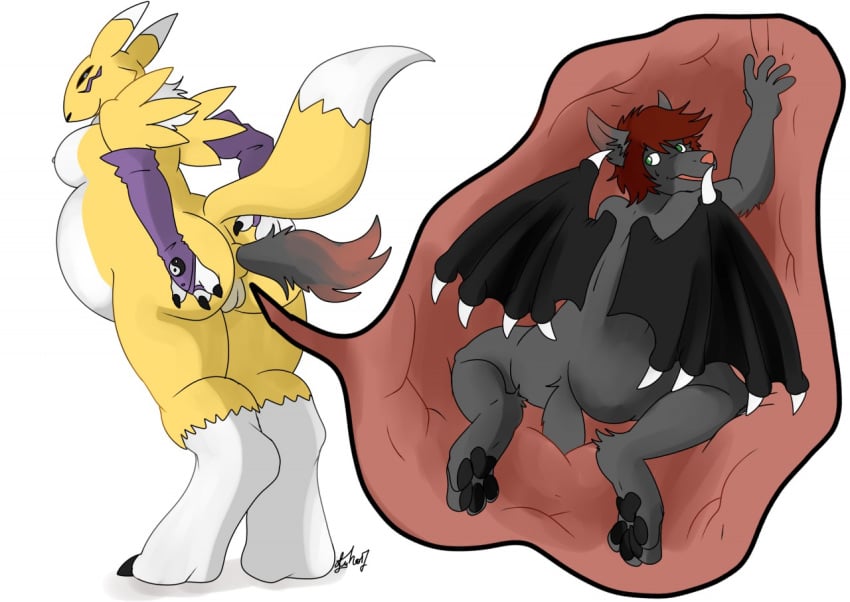 anal anal_vore anthro ass digimon fur furry grey_fur large_breasts nelsonnoir original_character pussy renamon sleeves vore yellow_fur yiff