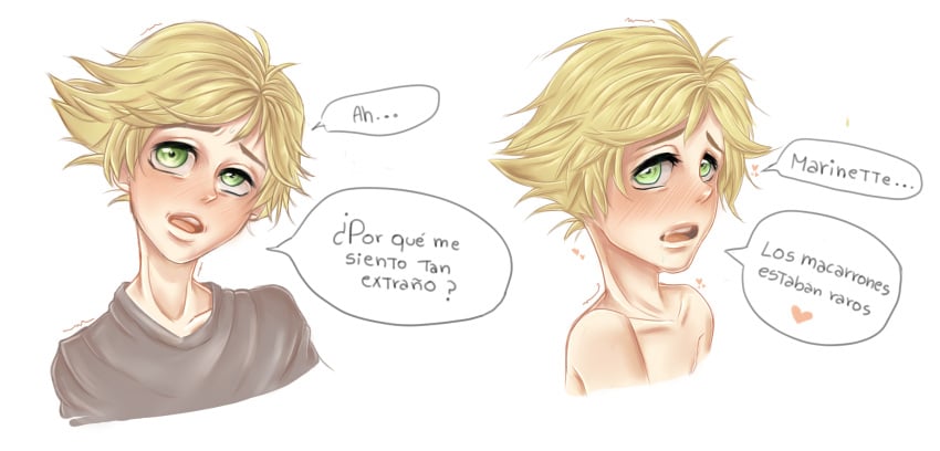 adrien_agreste ahe_gao blonde_hair blush drugs español green_eyes macaron miraculous_ladybug spanish_text