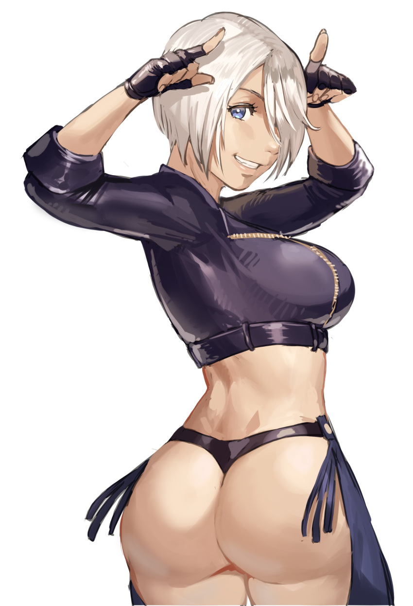 1girls 2022 angel_(kof) ass ass_cheeks backless_pants big_breasts blue_eyes breasts cleavage dat_ass hand_sign hand_signs hanny_(uirusu_chan) king_of_fighters latina looking_at_viewer mexican mostly_clothed revealing_clothes short_hair skimpy_clothes smile smiling smiling_at_viewer solo solo_focus thick_thighs thighs white_background white_hair