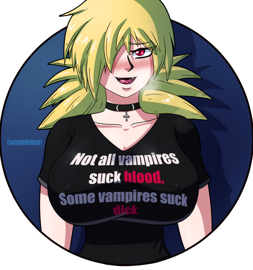 acceptabledumbass alternate_costume big_breasts blush breasts choker cross cum_stain drooling fangs hellsing nipple_bulge nipples panting red_eyes seras_victoria steam t-shirt vampire