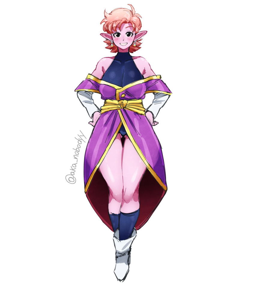 1girls aka_nobodyy bare_shoulders blush breasts chronoa cleavage clothed clothing core_person dragon_ball dragon_ball_super dragon_ball_xenoverse dragon_ball_z earrings female female_only hands_on_hips large_breasts leotard looking_at_viewer orange_hair pink_skin pointy_ears short_hair shounen_jump smile solo solo_female standing thick_thighs thigh_gap watermark white_background