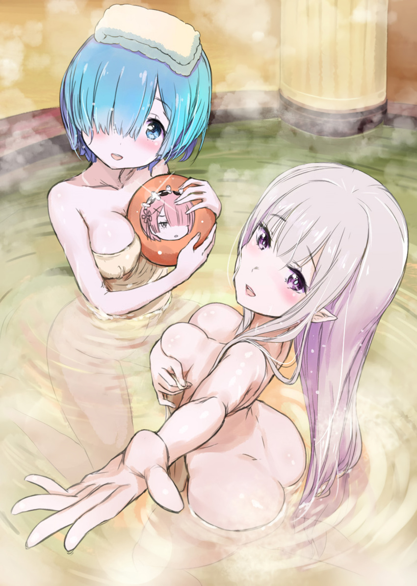 10s 2016 2girls aokihoshi ass ball bath bathhouse blue_eyes blue_hair blush breasts butt_crack cameo character_print cleavage collarbone covering covering_breasts dimples_of_venus elf elf_ears elf_female elf_girl emilia_(re:zero) eyebrows_visible_through_hair flower foreshortening from_above hair_flower hair_ornament hair_over_one_eye hi_res holding holding_ball interspecies long_hair looking_at_viewer medium_breasts multiple_girls naked_towel nude oni oni_female oni_girl onsen outstretched_hand partially_submerged pointy_ears purple_eyes ram_(re:zero) re:zero_kara_hajimeru_isekai_seikatsu rem_(re:zero) short_hair silver_hair steam teenage_girl teenager towel towel_on_head wet young