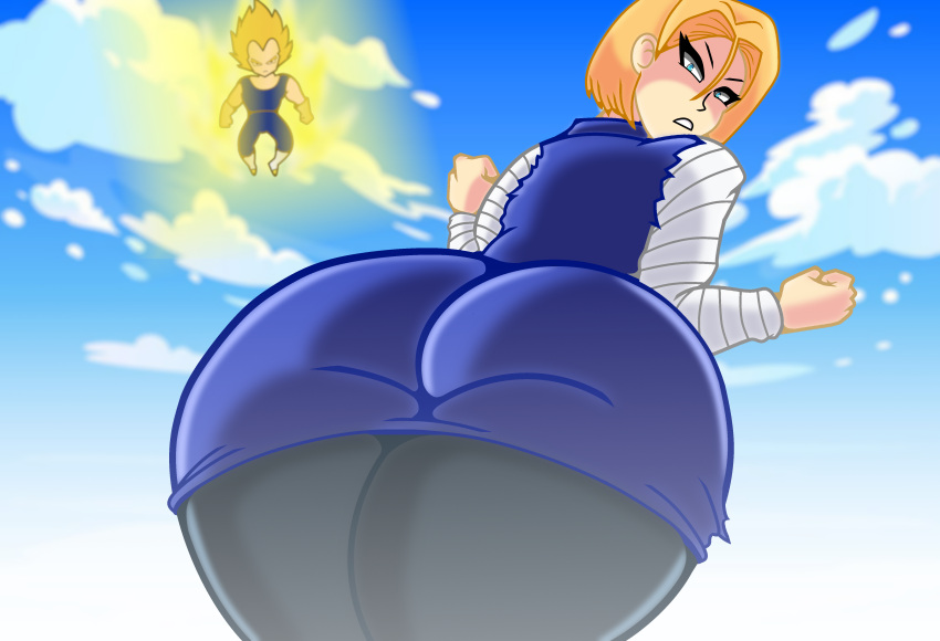 1boy 1girls android_18 ass ass_focus big_ass blonde_hair blue_eyes caveman147 dragon_ball dragon_ball_z female huge_ass large_ass looking_at_viewer looking_back male ripped_clothing super_saiyan thick_thighs tight_skirt vegeta