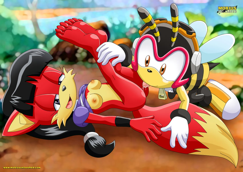 archie_comics bbmbbf bee bee_wings black black_hair blurry_background brown_eyes charmy_bee feet footwear fur furry happy li_moon licking mobius_unleashed outside palcomix purple_eyes red red_fur sega shoes sonic_(series) wings yellow