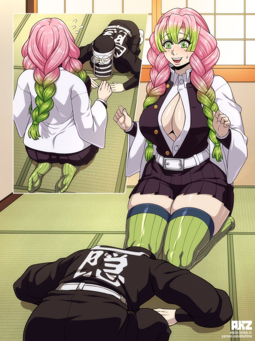 1boy 1girls akazlime alternate_version_available begging big_breasts blush boob_window braided_hair breasts cleavage demon_slayer female green_eyes haori indoors kakushi_(kimetsu_no_yaiba) kanroji_mitsuri kimetsu_no_yaiba long_hair male masao_(kimetsu_no_yaiba) mole_under_eye open_shirt pink_hair pleated_skirt seiza shouji smile sweatdrop tatami thick_thighs thighhighs two_tone_hair uniform