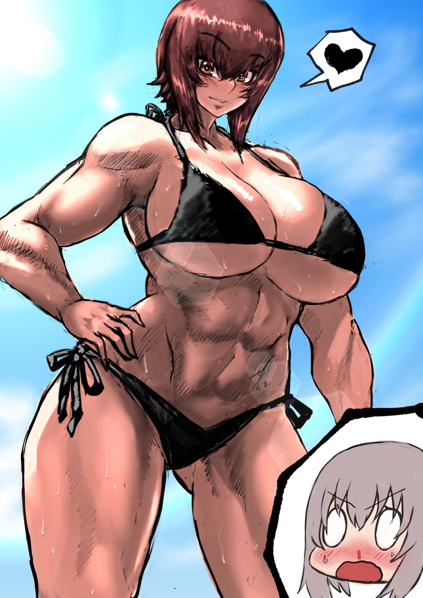 0_0 2girls abs absurdres bangs bikini black_bikini blood blue_sky blush bougainvillea_(unnryuu) breasts brown_eyes brown_hair cleavage closed_mouth cowboy_shot day eyebrows_visible_through_hair girls_und_panzer grey_hair halterneck hand_on_hip heart highres huge_breasts itsumi_erika lens_flare looking_at_viewer multiple_girls muscular muscular_female navel nishizumi_maho nosebleed outdoors short_hair side-tie_bikini sky smile solo_focus spoken_heart standing sweatdrop swimsuit wet yuri