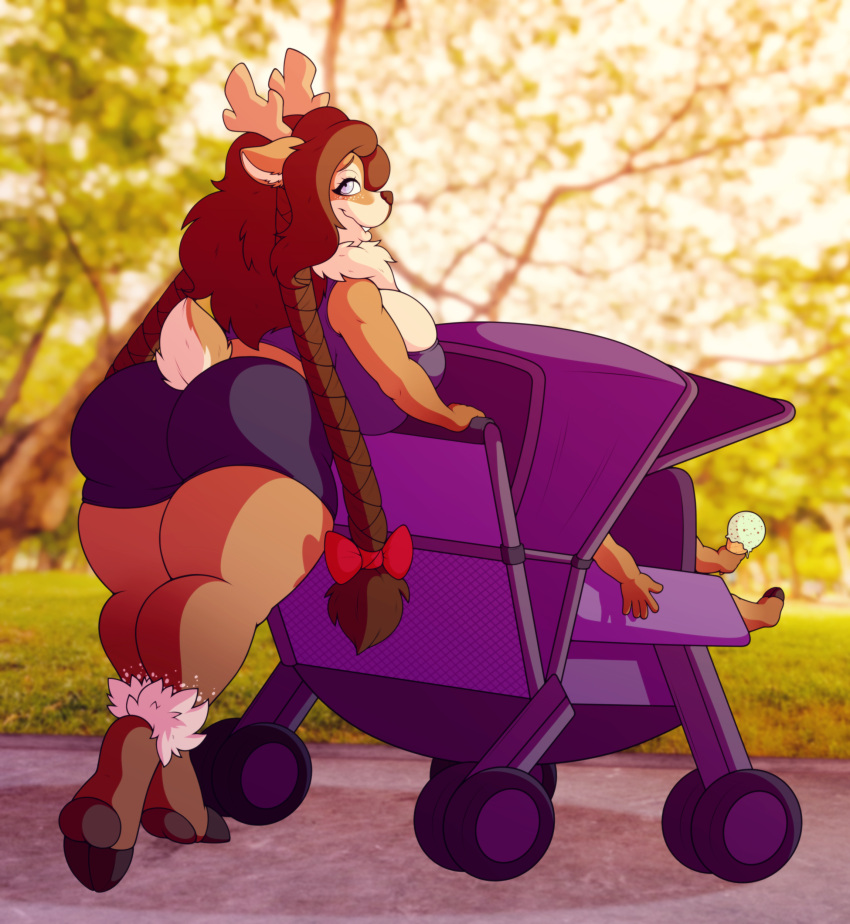 1girls ass big_ass big_breasts brown_hair deer female female_focus furry milf olive_(rawk_manx) stroller stunnerpony