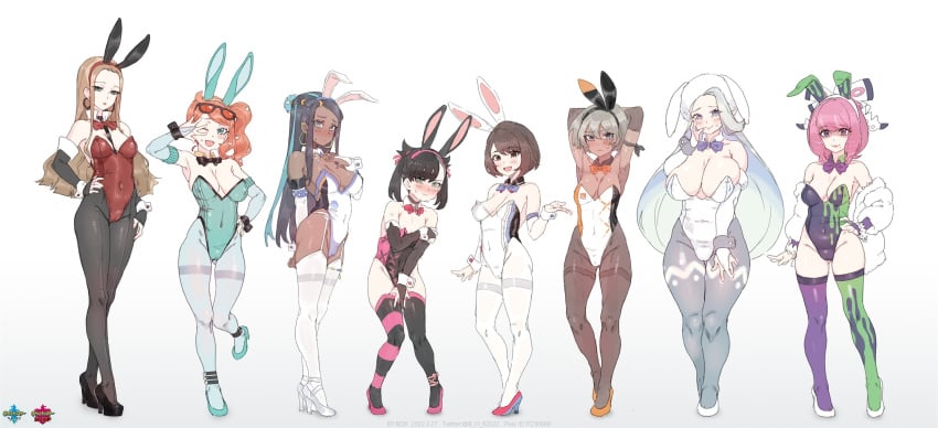 8girls armwear bea_(pokemon) big_breasts black_hair blonde_hair blue_hair box20502017 breasts brown_hair bunny_ears bunnysuit cameltoe dark_skin embarrassed embarrassed_female female female_only footwear game_freak garter_straps gloria_(pokemon) grey_hair gym_leader hair_ribbon heels high_heels human klara_(pokemon) legwear leotard long_hair marnie_(pokemon) mature medium_breasts melony_(pokemon) nessa_(pokemon) nintendo oleana_(pokemon) orange_hair pale_skin pantyhose pink_hair pokemon pokemon_ss pokemon_ss_isle_of_armor short_hair short_pink_hair sonia_(pokemon) standing stockings suspenders thick_thighs twintails xiangzi_box younger_female