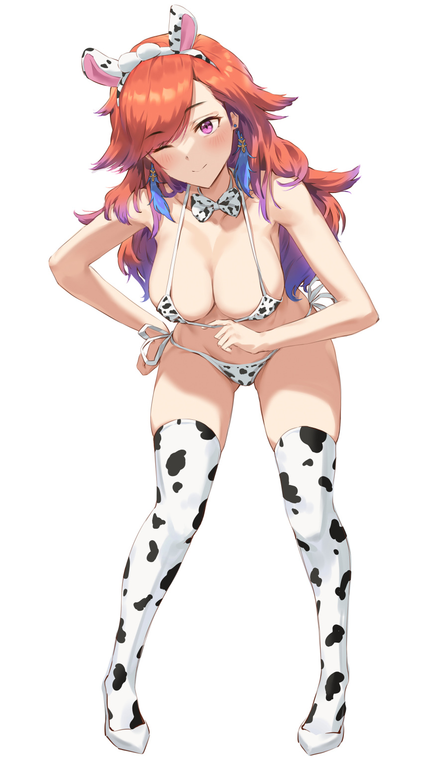 absurdres animal_ears animal_print bangs bent_over bikini blush bow bowtie breasts cleavage closed_mouth collarbone cow_ears cow_print earrings eyebrows_visible_through_hair fake_animal_ears female full_body gluteal_fold gradient_hair hairband halter_top halterneck hand_on_hip hanging_breasts high_heels highres hololive hololive_english hololive_myth jewelry kimpanzi large_breasts long_hair looking_at_viewer micro_bikini multicolored_hair navel one_eye_closed orange_hair print_bow print_bowtie print_legwear purple_eyes side-tie_bikini simple_background skindentation smile strap_gap strap_pull swept_bangs swimsuit takanashi_kiara thighhighs underwear virtual_youtuber white_footwear