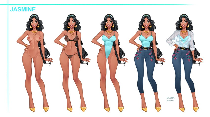 1girls aladdin arab arabian black_hair bracelets breasts brown_eyes casual child_bearing_hips cleavage clothing dark-skinned_female dark_skin disney disney_princess female high_heels hourglass_figure human large_breasts long_hair middle_eastern minko multiple_views naked naked_footwear naked_heels necklace nude nude_female one-piece_swimsuit princess_jasmine pussy royalty see-through see-through_jacket shaved_pussy shoes underwear