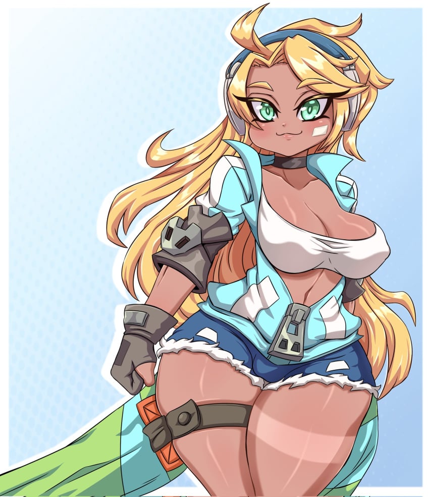 1girls big_breasts big_hips big_thighs blonde_hair cindy_(smash_legends) cleavage clothing delivery_girl female female_only izfan_art open_jacket smash_legends solo sun_tanning thighs