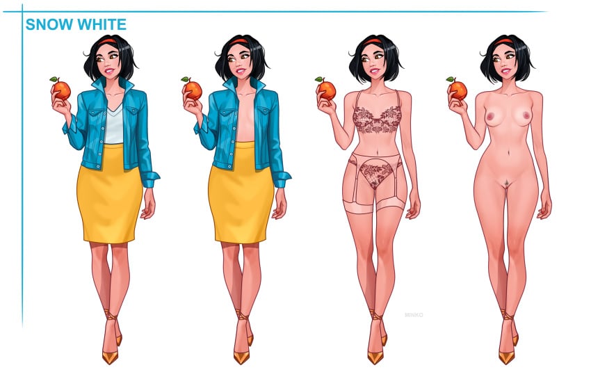 1girls apple black_hair breasts brown_eyes disney disney_princess female garter_belt hairband hi_res high_heels holding_apple holding_food jacket lingerie medium_hair minko naked naked_footwear naked_heels nude nude_female pubic_hair pussy shoes skirt small_breasts snow_white_(disney) snow_white_and_the_seven_dwarfs solo solo_female teenager thighs underwear