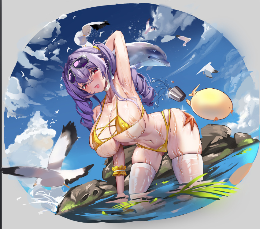 absurdres animal_on_ass arm_behind_head armpits aviator_sunglasses azur_lane bent_over bikini bird blue_sky blush breasts cloud dolphin drill_hair eyewear_on_head female golden_bikini highres huge_breasts leaning_forward long_hair manjuu_(azur_lane) mimiim official_alternate_costume open_mouth pola_(azur_lane) pola_(seaside_coincidence)_(azur_lane) purple_hair red_eyes skindentation sky solo starfish sunglasses swimsuit thighhighs twintails wet white_bird white_legwear yellow_bikini