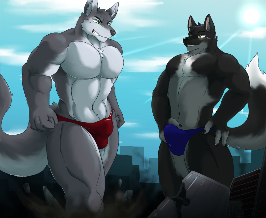 2018 5_fingers absurd_res anthro balls_outline banryu blue_bottomwear blue_clothing bottomwear building bulge canid canine canis city clothed clothing cloud croiyan destruction duo fingers genital_outline hi_res male mammal penis_outline red_bottomwear red_clothing sky speedo swimwear topless topless_anthro topless_male wolf