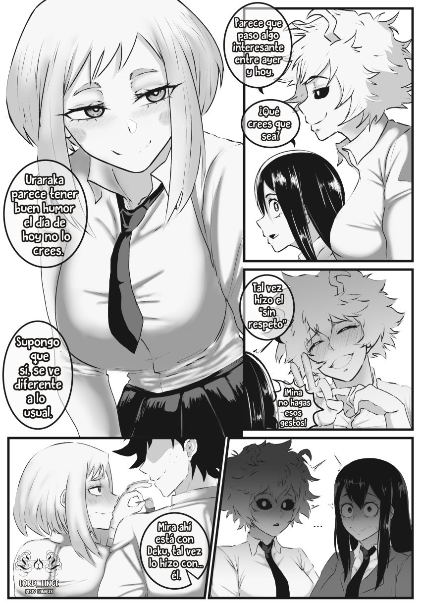 1boy 3girls big_breasts blazer blush comic condom dark_hair dark_sclera dialogue español faceless_male gesture holding_condom horny imminent_sex inviting_to_sex izuku_midoriya large_breasts long_hair lord_lince mina_ashido monochrome my_hero_academia ochako_uraraka open_mouth school_uniform sex_gesture short_hair skirt smiling spanish_text text tie translated tsuyu_asui u.a._school_uniform white_shirt yelling