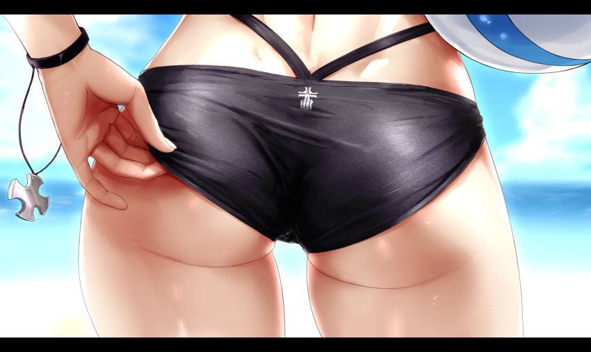 adjusting_clothes aoi_tiduru ass ass_focus azur_lane ball beachball bikini black_bikini blurry blurry_background close-up cross day depth_of_field dimples_of_venus female fine_fabric_emphasis fingernails from_behind highres iron_blood_(emblem) iron_cross letterboxed lower_body outdoors solo swimsuit wristband z23_(azur_lane) z23_(breezy_doubles)_(azur_lane)