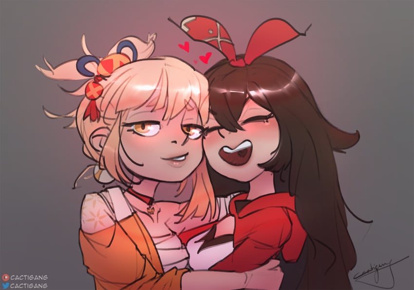 2girls amber_(genshin_impact) blonde_hair brown_hair cactigang closed_eyes embrace female friends genshin_impact happy heart hug hugging long_hair looking_at_viewer medium_hair watermark yoimiya_(genshin_impact) yuri