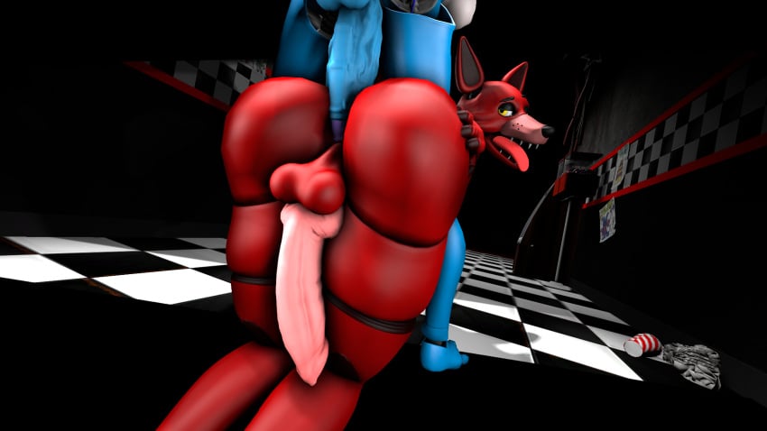 3d 3d_(artwork) acura_(artist) anal animatronic backsack balls bonnie_(fnaf) dark digital_media_(artwork) duo five_nights_at_freddy's floor foxy_(fnaf) futanari genitals gumball_machine hi_res intersex intersex/male looking_back machine male paper robot scottgames source_filmmaker tile tile_floor video_games