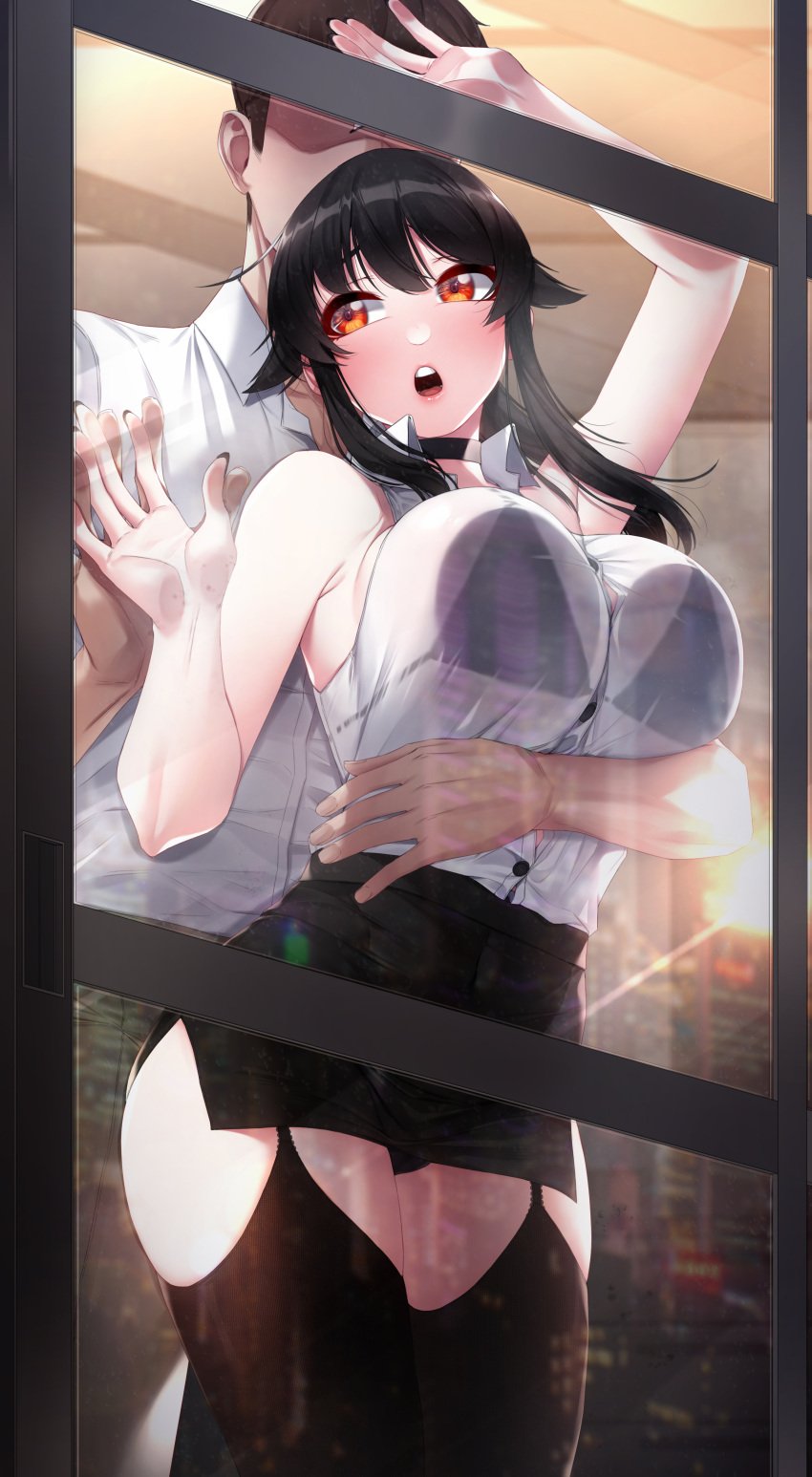 1boy 1girls 2022 against_glass akchu black_hair blush breasts chobi_(akchu) clothed clothed_female female hi_res hips huge_breasts indoors long_hair long_ponytail male office_lady original original_character ponytail red_eyes sleeveless slim_waist thick_thighs thighhighs thighs wide_hips