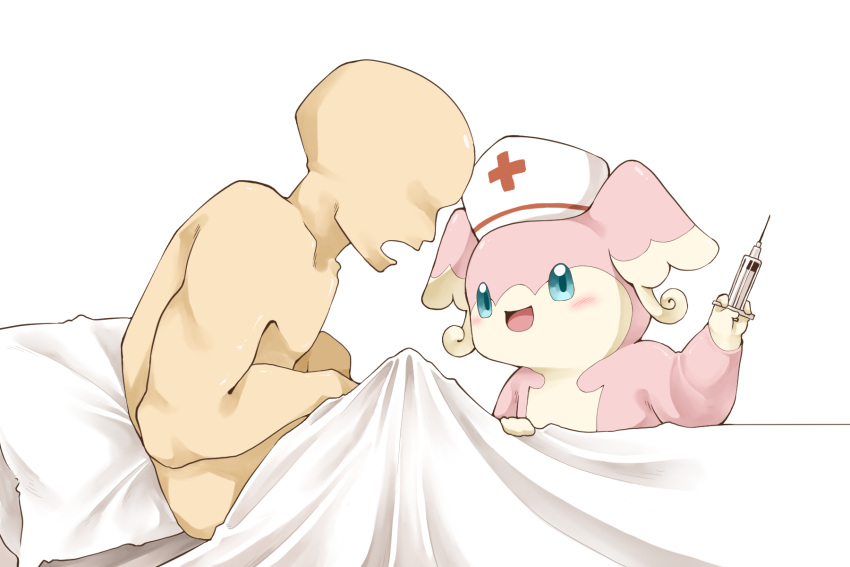 2414 ambiguous_gender anthro audino bed_sheet bedding blue_eyes blush clothing duo erection erection_under_blanket faceless_character faceless_human hat headgear headwear hi_res human male mammal morning_wood nintendo nude nurse_clothing nurse_hat nurse_headwear pillow pink_body pokémon_(species) pokemon simple_background syringe tan_body video_games white_background