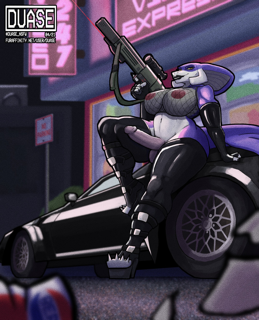 2021 absurd_res anthro balls big_breasts black_lipstick boots bottomless breasts car clothed clothing cobra cobray_(duase) curvy_figure duase fishnet fishnet_clothing fishnet_topwear footwear futanari g11 genitals gun gynomorph hi_res holding_gun holding_object holding_weapon huge_breasts humanoid_genitalia humanoid_penis intersex latex_thigh_highs legwear lips lipstick looking_at_viewer makeup mesh_top multicolored_body narrowed_eyes navel nipples non-mammal_breasts penis purple_body ranged_weapon reptile rifle scalie snake snake_hood solo spiked_boots spiked_clothing spiked_footwear spikes text thick_lips thick_thighs thigh_boots thigh_highs topwear translucent translucent_clothing url vehicle voluptuous weapon white_body