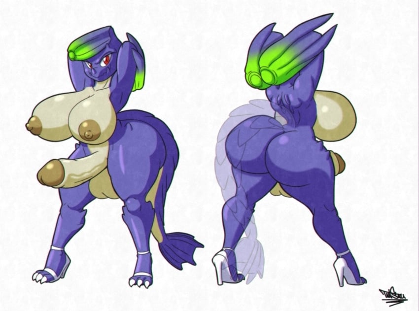 2022 anthro ass balls big_balls big_breasts big_butt big_penis brachydios breasts brute_wyvern capcom curvy_figure digital_media_(artwork) futanari genitals gynomorph hands_behind_back hi_res high_heels huge_butt huge_cock huge_hips intersex looking_at_viewer monster_hunter penis solo tansau video_games wide_hips