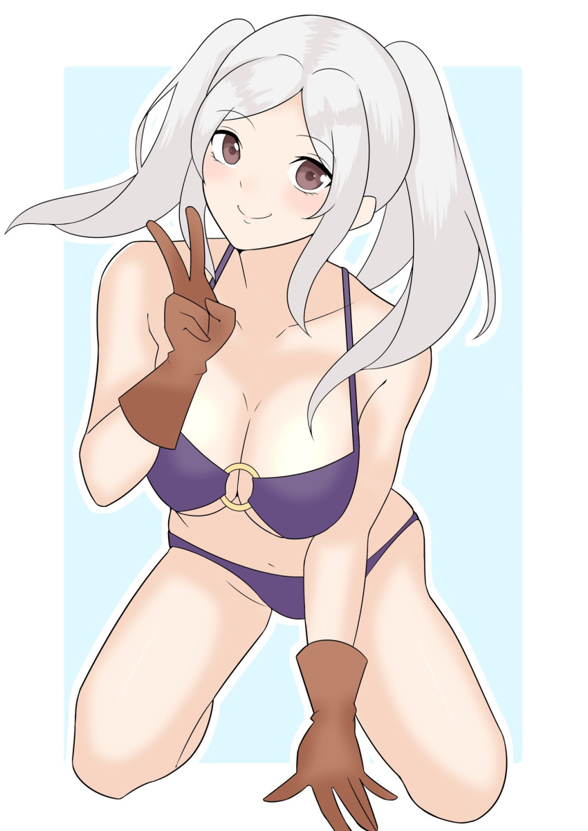 alternate_costume bikini cleavage fire_emblem fire_emblem_awakening fire_emblem_heroes gloves maplesugar7324 nintendo official_alternate_costume purple_bikini purple_swimsuit robin_(female)_(summer)_(fire_emblem) robin_(fire_emblem) robin_(fire_emblem)_(female) swimsuit twintails v