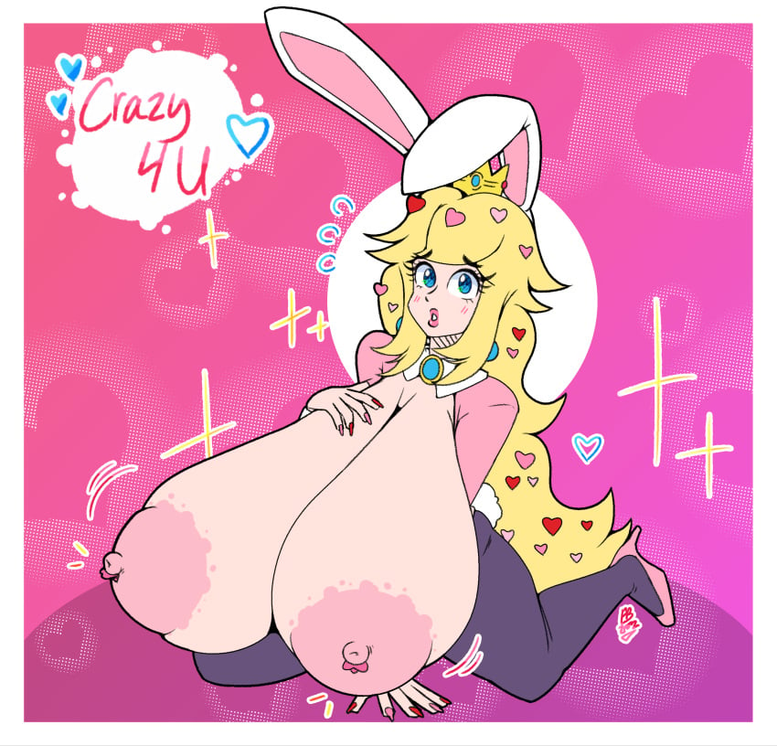 1girls 2022 areolae big_breasts black_leggings black_legwear blonde_hair blue_eyes breast_expansion breast_suppress breasts bunny_ears bunny_girl bunny_tail bunnysuit comic comic_page crown earrings easybee female female_only full_body gigantic_breasts hair_ornament hand_on_breast hand_on_chest heart heart_censor heart_hair_ornament heart_marking huge_breasts large_breasts long_hair mario_(series) nail_polish nailpolish nails nintendo nipples pink_background pink_lips pink_lipstick pink_nail_polish princess_peach pussy_covered red_nail_polish sitting solo valentine's_day wariza white_body yellow_hair