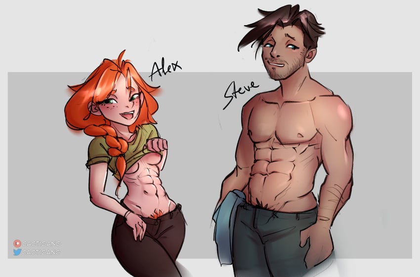 1boy 1girls abs alex_(minecraft) areola areola_slip areolae big_breasts breasts cactigang female female_pubic_hair freckles ginger green_eyes long_hair looking_at_viewer minecraft multiple_views muscular muscular_female muscular_male nipple_slip nipples pubic_hair pubic_hair_peek shirt_lift shirt_up steve_(minecraft) toned toned_female toned_male undressing watermark