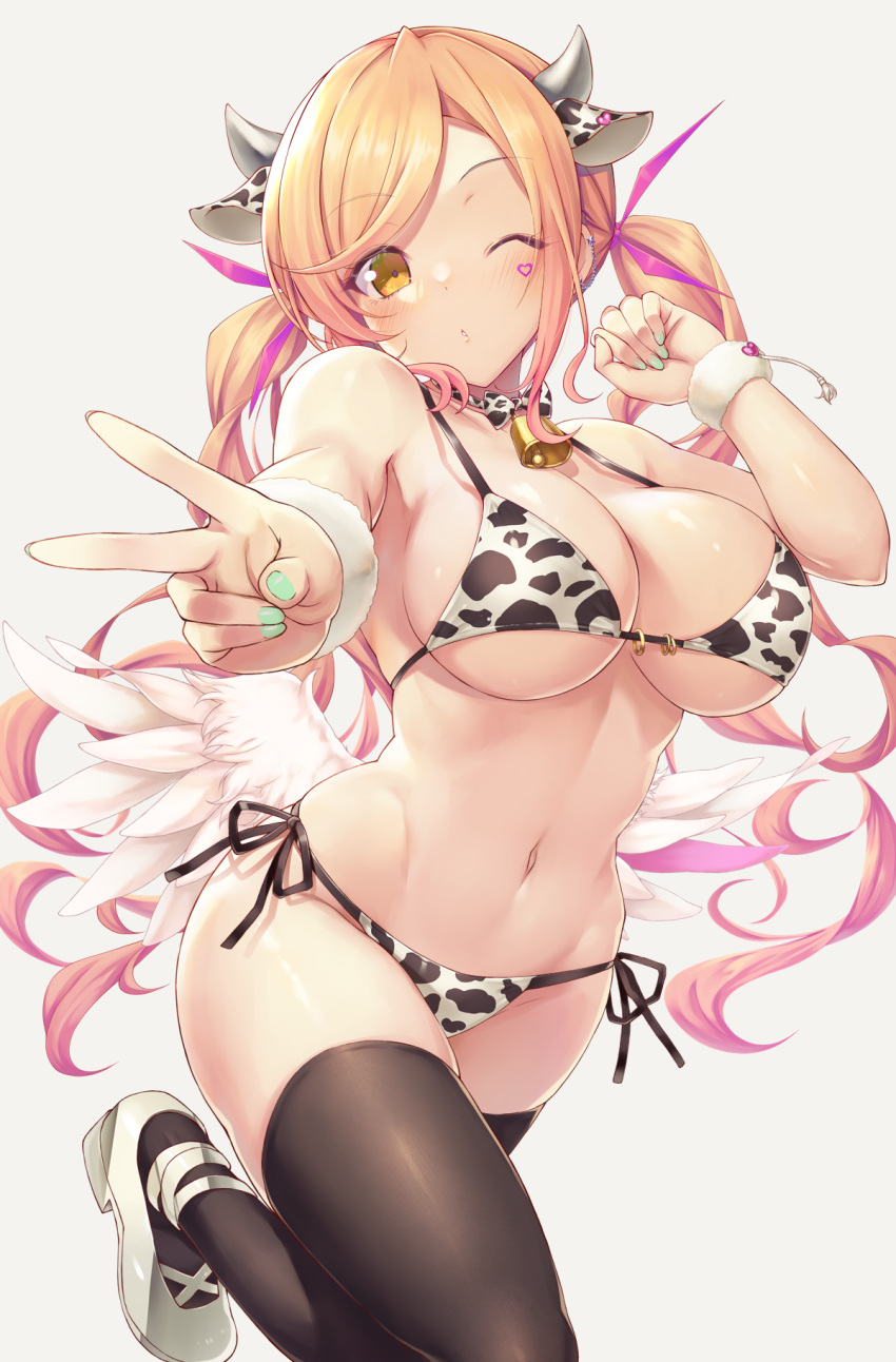 1girls 2021 ;o animal_ears animal_print aqua_nails bangs bare_shoulders bell bikini black_legwear black_ribbon blonde_hair blush breasts brown_eyes cleavage cow_ears cow_horns cow_print cowbell emanon123 eyebrows_visible_through_hair facial_mark feathered_wings female female female_focus female_only foreshortening hand_up heart highres horns large_breasts leg_up long_hair looking_at_viewer low_wings multicolored_hair nail_polish navel neck_bell one_eye_closed original outstretched_arm parted_lips pink_hair print_bikini ribbon shoes side-tie_bikini solo solo_female standing standing_on_one_leg stomach swept_bangs swimsuit thighhighs twintails two-tone_hair v white_footwear white_wings wings wrist_cuffs