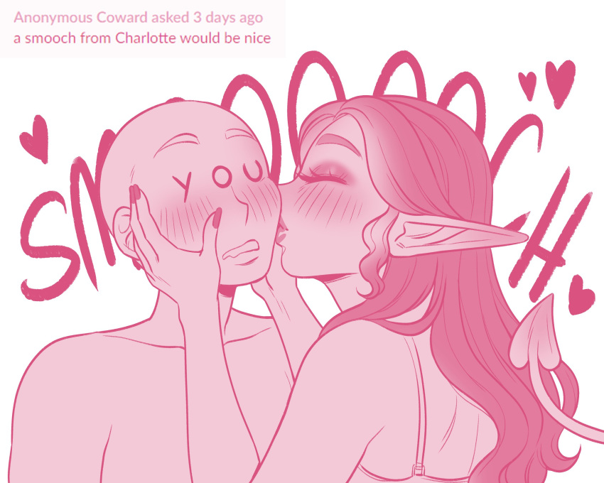 1boy 1girls anon ask_blog blush charlotte_(succuboos) cheek_kiss closed_eyes demon_girl demon_tail english_text faceless_male female hands_on_cheeks hands_on_face head_grab heavy_blush kiss_on_cheek kissing kissing_cheek long_hair male no_eyes pointy_ears smooch succuboos succubus tail text white_background wholesome