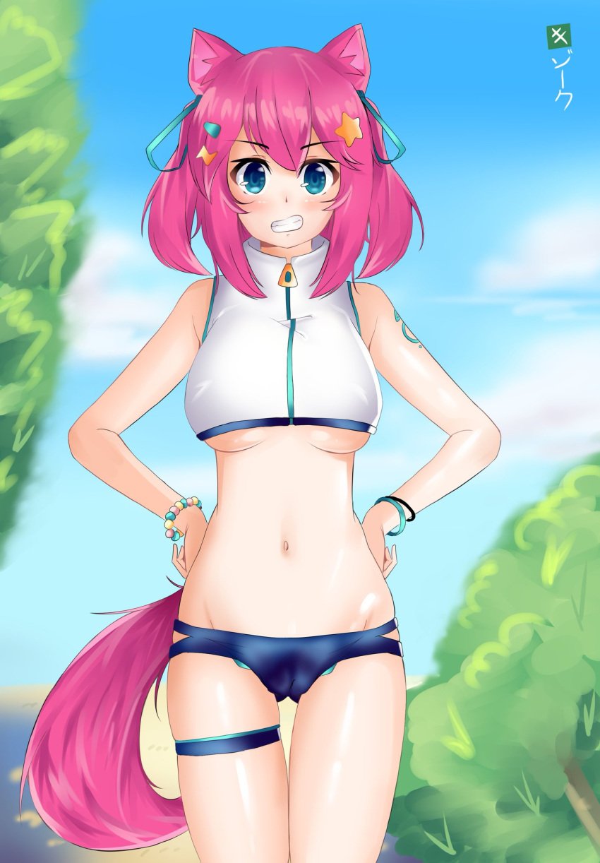 1girls anime_onegai beach bikini blue_eyes blush cat_ears cat_tail catgirl dengeki_onegai female female_only hair_ornament latam_virtual_youtuber looking_at_viewer medium_hair nyami_g pink_hair sky smile smiling_at_viewer swimsuit tattoo tree underboob virtual_youtuber