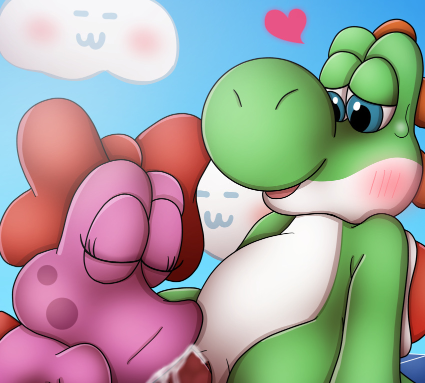 :>= ambiguous_gender anthro anthro_on_anthro birdo blush bodily_fluids bow_only cloud cum cum_in_mouth cum_inside dinosaur duo duo_focus fellatio female genital_fluids group heart hi_res looking_pleasured male male/ambiguous mario_(series) nintendo nude oral outside penile reptile scalie sex sitting sky umbry00 video_games voyeur yoshi yoshi_(character)